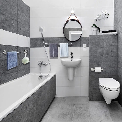 Modern bathroom with Brushed Nickel 24 Inch Towel Bar Wall Mounted Rack Made From SUS304 Stainless Steel No Fade Fingerprint Resistant