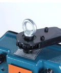 Close-up of Variable Speed Ring Roll Bender top shaft for 2-inch tubing and 1.5-inch schedule 40 pipe with pressure control dial.