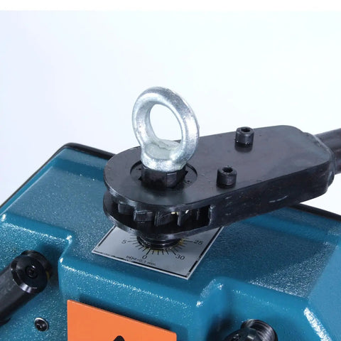 Close-up of Variable Speed Ring Roll Bender top shaft for 2-inch tubing and 1.5-inch schedule 40 pipe with pressure control dial.