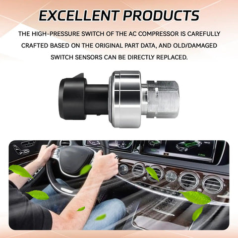 AC High Pressure Sensor Switch For Cars And SUVs HVAC System displayed with car interior background.