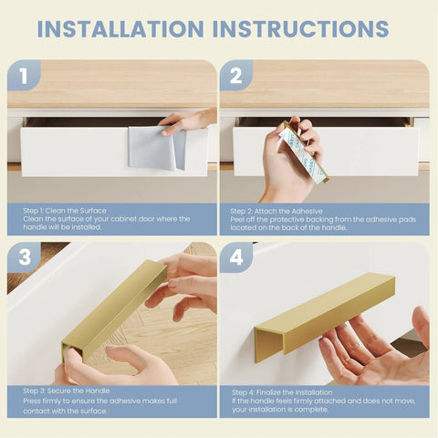 Installation instructions for 10 Pack Self Adhesive Cabinet Pulls 5 Inch Gold Finger Handles Stick On Edge Pulls, no drill needed