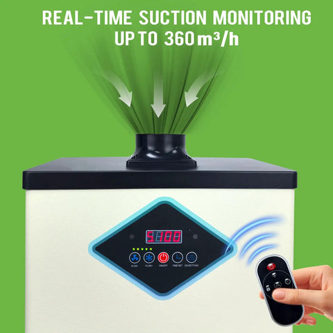 Laser Fume Extractor For Engraving And Cutting, High CFM Smoke Purifier with remote, displaying 360m³/h airflow on display panel