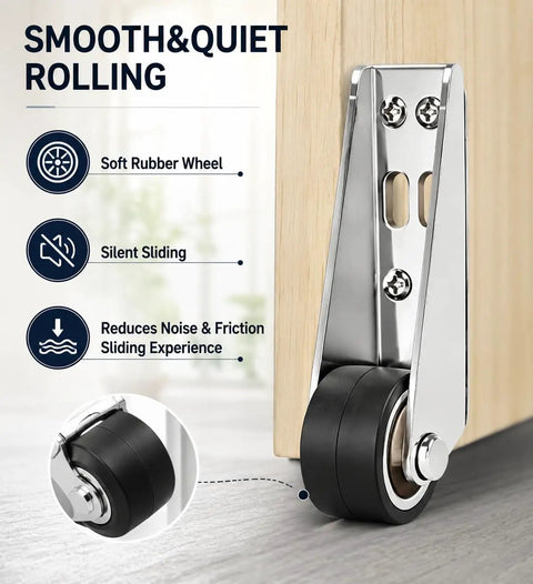 4 Pack Vertical Track Roller Wheels Heavy Duty Rubber Swivel Casters For Barn Sliding Door Replacement showcasing quiet rubber wheel.