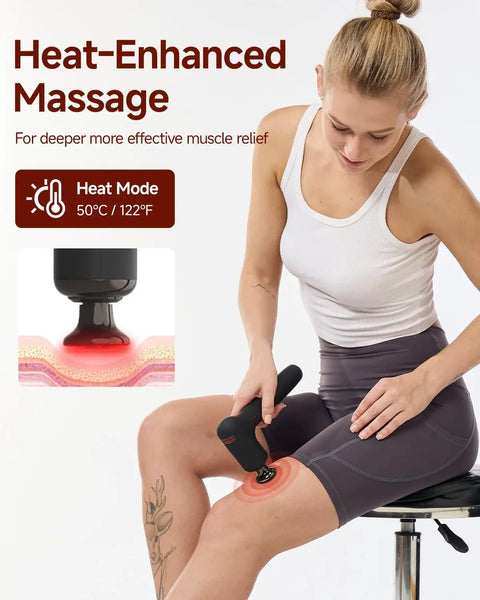 Person using Upgraded 2 In 1 Massage Gun With Heat For Deep Tissue Back And Neck Relief Extension Handle Pro Grade Handheld Muscle Massager on thigh