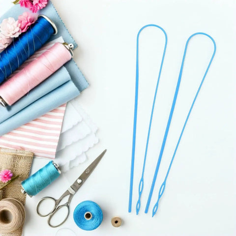 Five Pack Flexible Blue Plastic Drawstring Threader Tools Set For Pants Waistbands Elastic Cords Jackets And Crafting Portable Universal Threading Tool For On The Go DIY Repairs And Travel on white sewing background