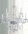 Nine Light Modern Crystal Glass Chandelier Pendant Ceiling Light Fixture With Glass Droplets, 28 Inch Wide, displayed hanging.