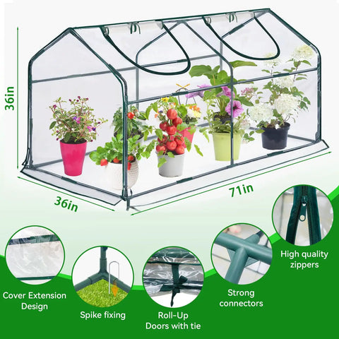 Compact Outdoor Mini Greenhouse With Roll Up Door No Fuss Setup Portable Tunnel Grow Shelter Clear UV Waterproof Cover Sturdy Steel Frame And 8 Ground Stakes 71 Inch By 36 Inch By 36 Inch