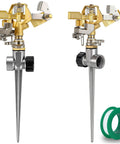 Two Pack Heavy Duty Brass Impact Sprinklers On Spike Base With Aluminum Alloy Stand Adjustable 360 Degree Coverage For Yard Lawn Patio Garden Irrigation