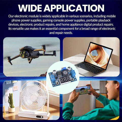 Wide application of LM2596 Adjustable DC DC Buck Converter With LED Voltmeter Display in mobile devices, fans, laptops, drones.