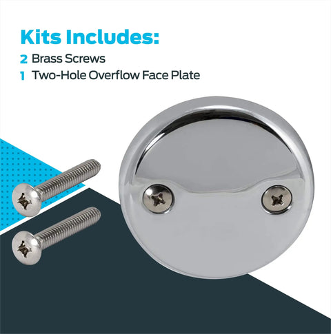 2-Hole Bathtub Overflow Face Plate With Screws, Chrome Finish, Universal Fit For One And A Half Inch Waste Elbows, Two Brass Screws