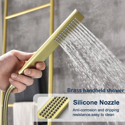 Freestanding Brushed Gold Tub Filler Faucet With Hand Shower And Swivel Spout floor mounted brass handheld shower view