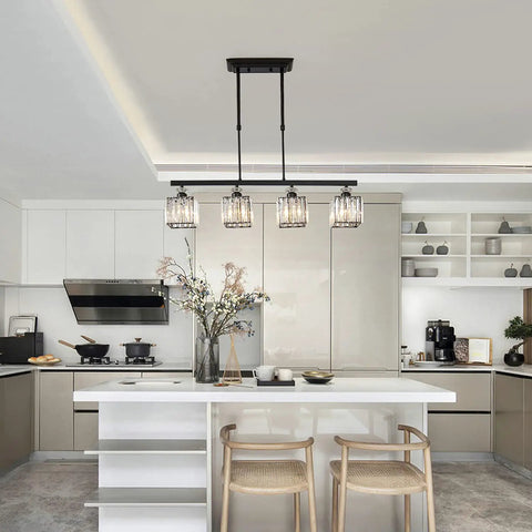 4 Light Crystal Ceiling Pendant Fixture with Adjustable Height Square Modern Chandelier E26 Base for Kitchen Island