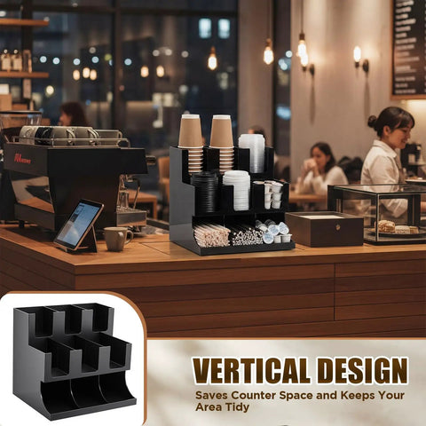 Cup And Condiment Station Organizer For Coffee Bar, Acrylic Dispenser With Nine Compartments For Cups Lids Pods Sugar on counter