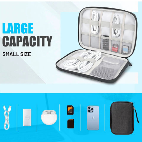 Open Ultimate Travel Cable Organizer Bag With Double Layer Tech Pouch displaying cords, USBs, and more compartments.