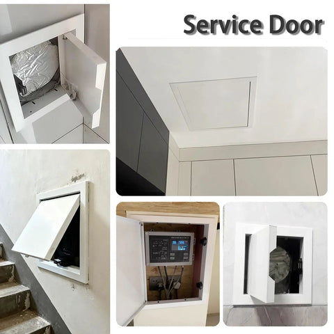 Built Tough 13 By 16 Inch White Drywall Access Panel With Magnetic Push Open Hidden Flush Look On Ceilings Or Walls Premium Aluminum Frame waterproof utility wiring inspection cover shown in use.