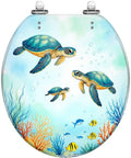 Toilet Seat Round Resin for Bathroom featuring colorful turtles swimming among coral and bubbles, artistic ocean design.