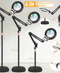 Large Floor Magnifying Glass With Light And Stand, showing adjustable height and 4 in 1 installation modes, black