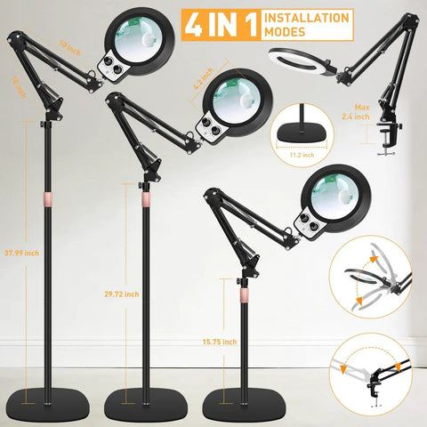 Large Floor Magnifying Glass With Light And Stand, showing adjustable height and 4 in 1 installation modes, black