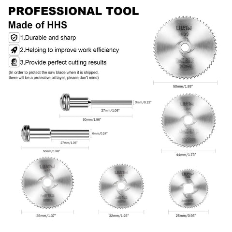 Set of rotary drill saw blades with hex and round shanks, showing five HSS cutting discs in sizes 25mm to 50mm for drills and rotary tools.