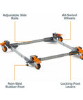 Heavy Duty All Swivel Mobile Base For 650 Lb Capacity with adjustable side rails, locking foot levers, and all-swivel wheels.