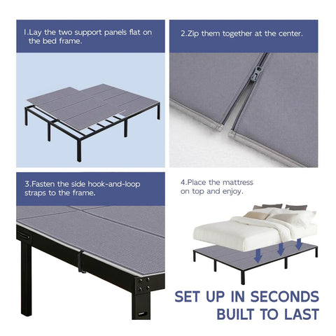 Queen Size Bunkie Board 60 X 80 Featuring Zipper Secured Panels For Zero Sag Mattress Support Tight Grip Bed Foundation Base And Foldable Platform Setup assembly instructions with zippered panels and frame setup.