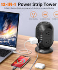 Flat Plug 12 In 1 Power Strip Tower With 8 AC Outlets 4 USB Ports 10 Ft Extension Cord Surge Protected charging devices