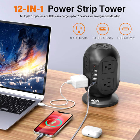 Flat Plug 12 In 1 Power Strip Tower With 8 AC Outlets 4 USB Ports 10 Ft Extension Cord Surge Protected charging devices