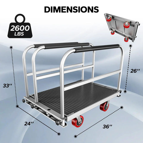 Heavy Duty Two In One Flatbed Panel Cart 36 By 24 Inches With Rubber Mat And Three Handrails 2600 Lb Capacity Drywall And Lumber Cart All Steel Hand Truck With Two Swivel Casters