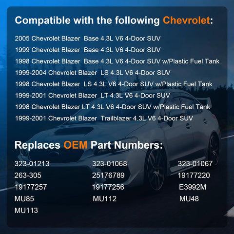 Compatibility list for Electric Fuel Pump Assembly Replacement For Chevy Blazer 1998-2005 showing models and OEM part numbers replaced.