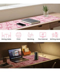 Large Pink Bow Desk Mat For Women 31.5 Inch Non Slip Keyboard And Mouse Pad With Stitched Edge on desk setup with laptop and lamp