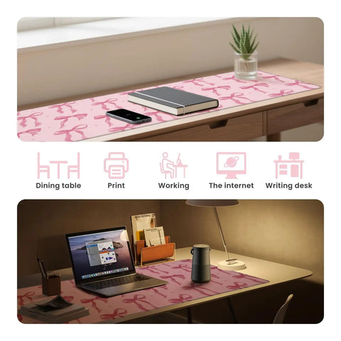 Large Pink Bow Desk Mat For Women 31.5 Inch Non Slip Keyboard And Mouse Pad With Stitched Edge on desk setup with laptop and lamp