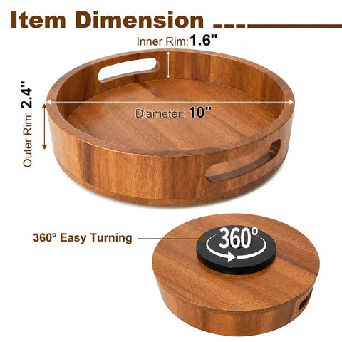 Straight Up Premium Acacia Wood Lazy Susan Turntable Organizer with dimensions showing 10 inch diameter and 360 degree spin.