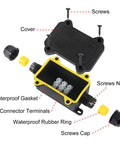 Diagram of Two Pack Waterproof IP68 Outdoor Junction Box For Two Way Cable Runs showing components labeled with screws, cover, gasket.