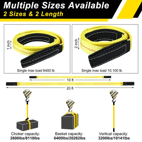 Two Pack Beefy 10 Ft Nylon Lifting Slings 1 Inch Wide Heavy Duty Web Straps With Flat Eye Ends, multiple sizes shown