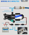Diagram showing wiring setup for 12V RV Macerator Pump With 3 Inch Large Port, including discharge and inlet ports.