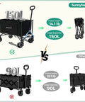 Collapsible Wagon Cart With Wheels 150L shown folded and unfolded, highlighting product details versus 90L alternative.