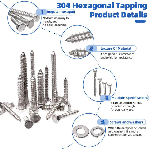 Badass 201 Piece Hex Lag Screw Assortment Kit Including 1/4 5/16 And 3/8 Inch 304 Stainless Steel Threaded Bolts With Flat And Lock Washers For Tough Home Shop Jobs And Yard Buildouts details showing hex screws and washers.
