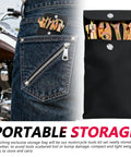 Ride Ready 8 Piece Motorcycle Tool Kit With Storage Bag shown in a zippered denim pocket and open pouch with tools visible.