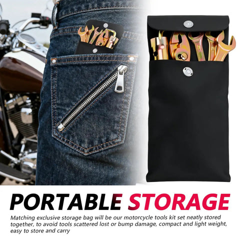 Ride Ready 8 Piece Motorcycle Tool Kit With Storage Bag shown in a zippered denim pocket and open pouch with tools visible.