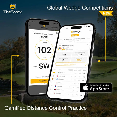 Radar Golf Launch Monitor And Swing Analyzer app interface on smartphones showing golf swing data and leaderboard.
