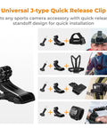 Universal J-type clip included in All In One Action Cam Mount Kit With Chest Strap Harness Backpack Clip 360 Degree Rotating Head Strap Mount And Wrist Strap For GoPro Hero Series DJI Osmo Action Insta360 X4 X3 Pocket 3 And 2, shown with various mounting options.