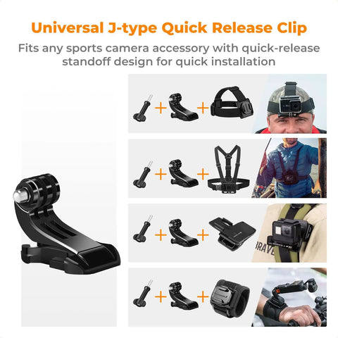 Universal J-type clip included in All In One Action Cam Mount Kit With Chest Strap Harness Backpack Clip 360 Degree Rotating Head Strap Mount And Wrist Strap For GoPro Hero Series DJI Osmo Action Insta360 X4 X3 Pocket 3 And 2, shown with various mounting options.