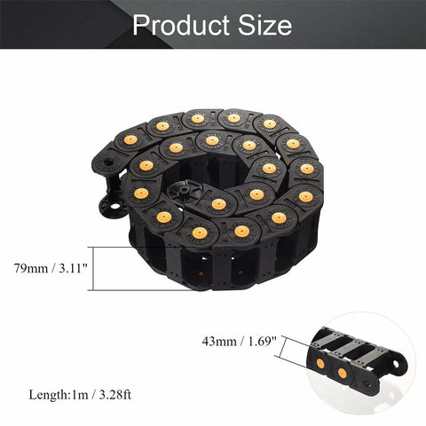 Black drag chain cable carrier 1m with yellow dots, 79mm outer diameter, 43mm wide, open type design for CNC routers and machines.