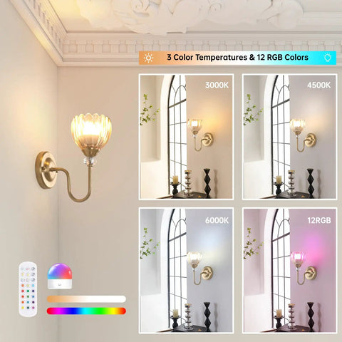 Two Pack Vintage Battery Powered Wall Sconces With 5000mAh Rechargeable Battery Remote Control Dimmable Tulip Amber Shades Wireless Easy Install