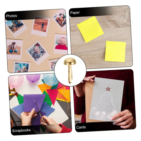 Collage showing uses of 100 Pieces Paper Fasteners For Scrapbookers And DIYers on photos, paper, scrapbooks, and cards.