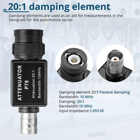 Automotive Oscilloscope Probe Kit With 20 To 1 Attenuator showcasing damping element features and BNC connector details.