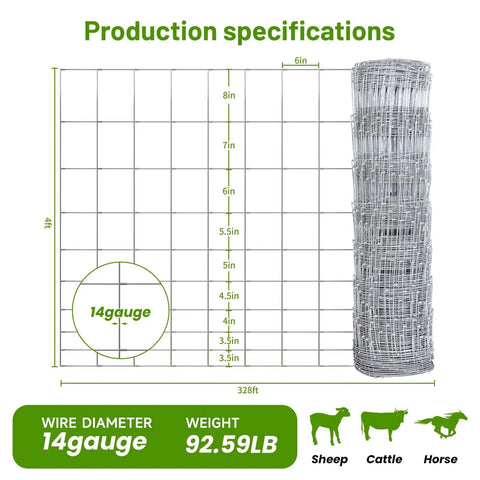 Built Tough Galvanized Woven Wire Fence Panel For Livestock 4 Ft By 328 Ft 14 Gauge Wire With 12 Gauge Border Mesh From 8 In To 3.5 In Ideal For Goat Sheep Hog Deer Horse Yard Garden Field Farm Ranch