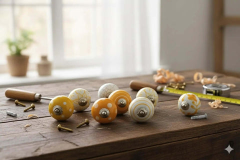 Fresh Yellow Floral Ceramic Knobs Kick Up Your Kitchen And Bedroom Cabinet Game With This Slick Set Of 20 Round Decorative Drawer Pulls Featuring A Glossy Finish For Total Home Refresh Vibes, displayed on a wooden table.