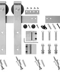 Brushed Nickel Barn Door Hardware Kit With Heavy Duty Sliding Track And Quiet Glide For 30 Inch Wide Door components displayed.