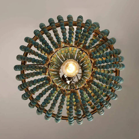 Top view of wood bead chandelier pendant lights in gray blue finish, retro vintage rustic kitchen ceiling lamp, adjustable chain